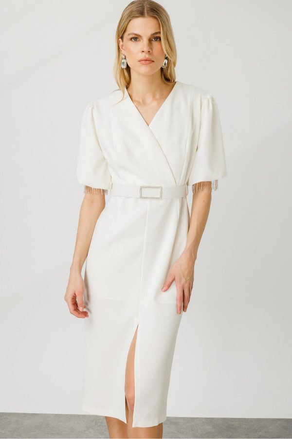 MODAİLGİ Şerit Taşlı Balon Kol Elbise 6566