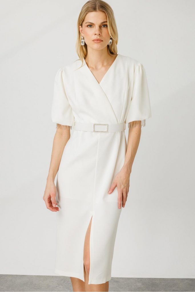 MODAİLGİ Şerit Taşlı Balon Kol Elbise 6566 - EKRU