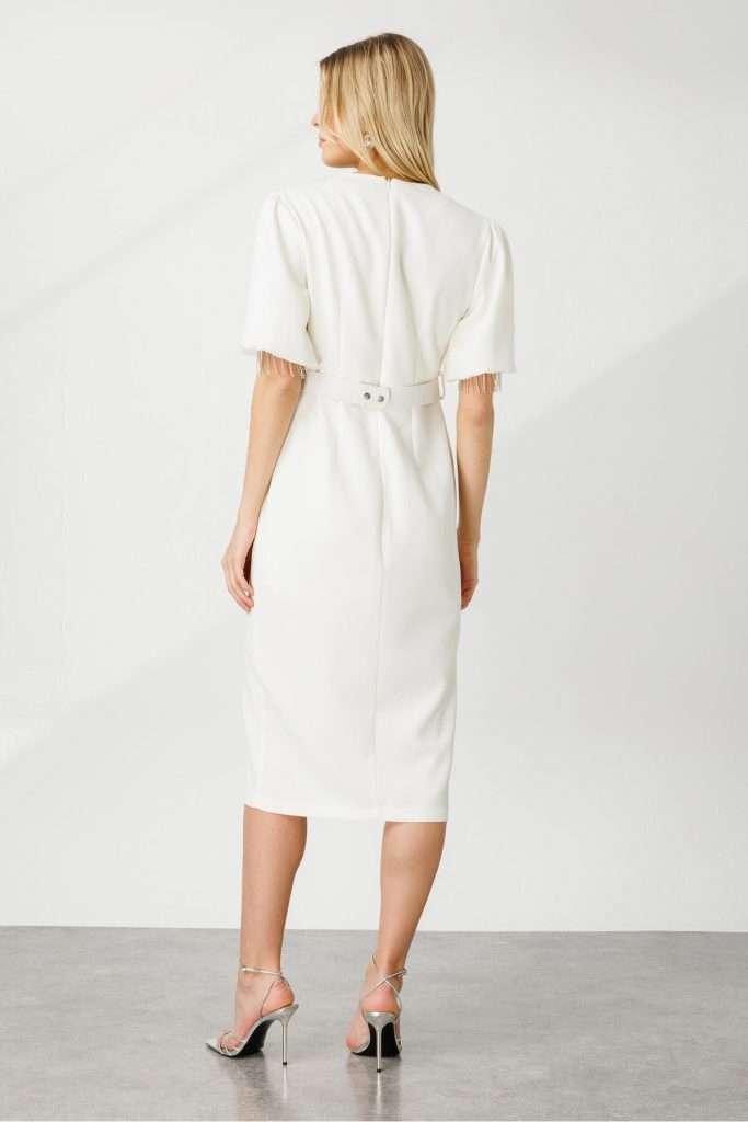 MODAİLGİ Şerit Taşlı Balon Kol Elbise 6566 - EKRU