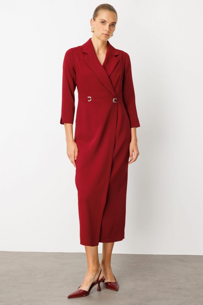 MODAİLGİ Beli Aksesuarlı Cepli Kruvaze Elbise  6626 - KIRMIZI