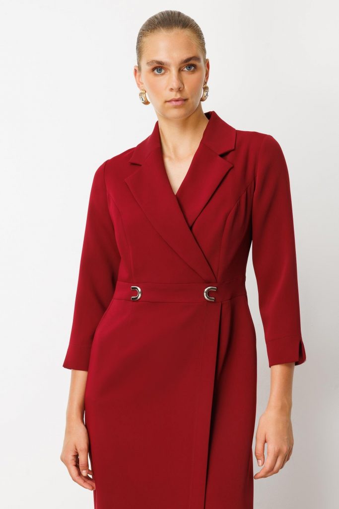 MODAİLGİ Beli Aksesuarlı Cepli Kruvaze Elbise  6626 - KIRMIZI