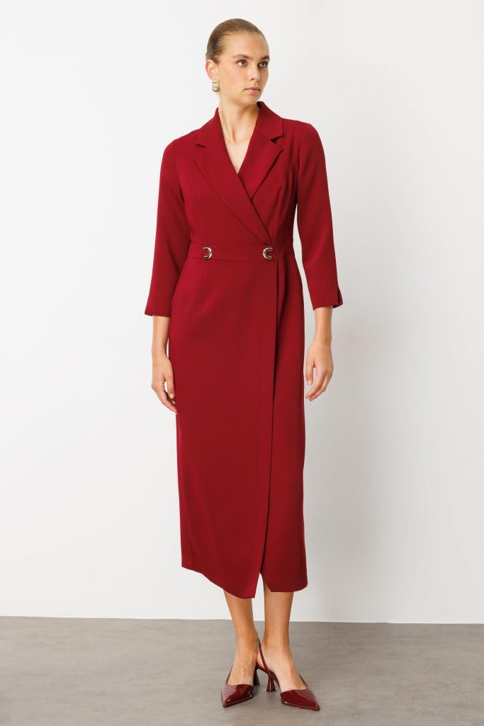 MODAİLGİ Beli Aksesuarlı Cepli Kruvaze Elbise  6626 - KIRMIZI