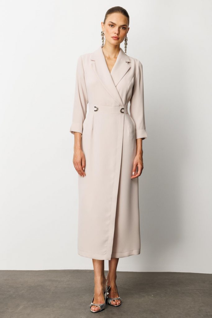 MODAİLGİ Beli Aksesuarlı Cepli Kruvaze Elbise  6626 - TAŞ