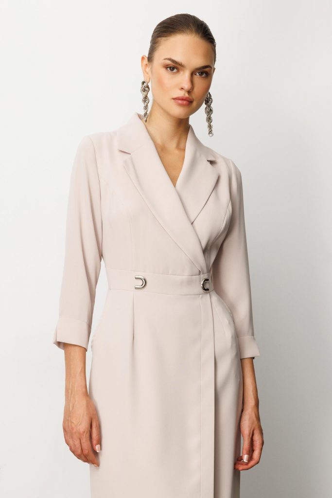 MODAİLGİ Beli Aksesuarlı Cepli Kruvaze Elbise  6626 - TAŞ