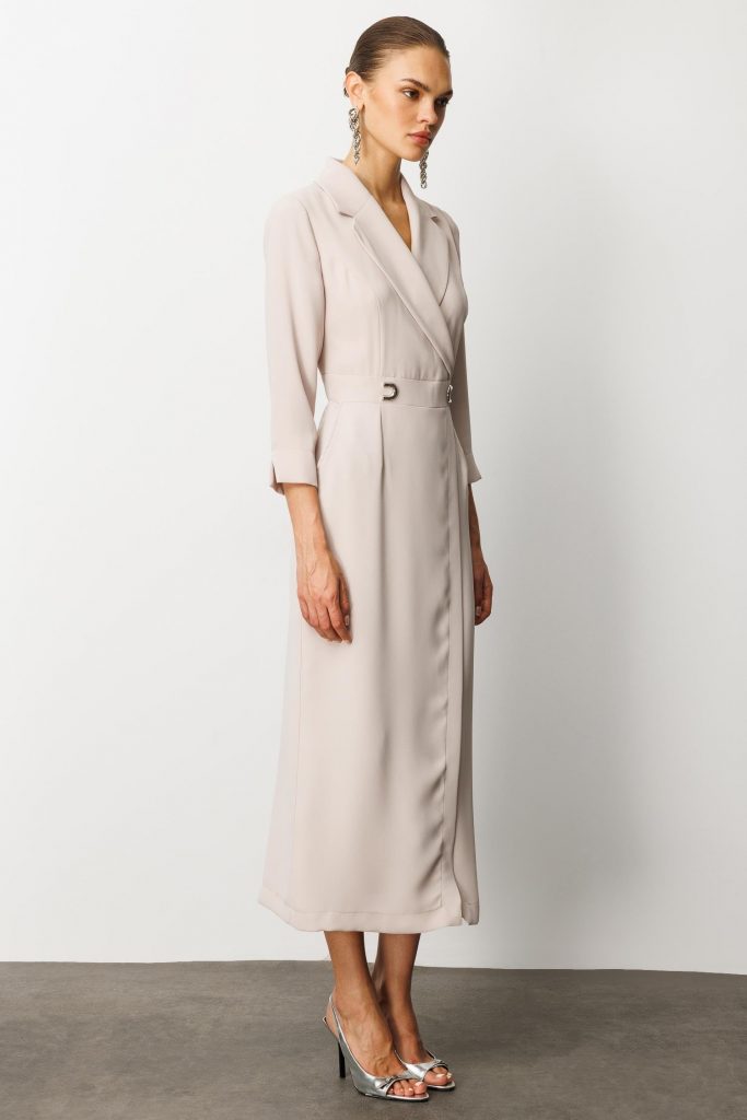 MODAİLGİ Beli Aksesuarlı Cepli Kruvaze Elbise  6626 - TAŞ