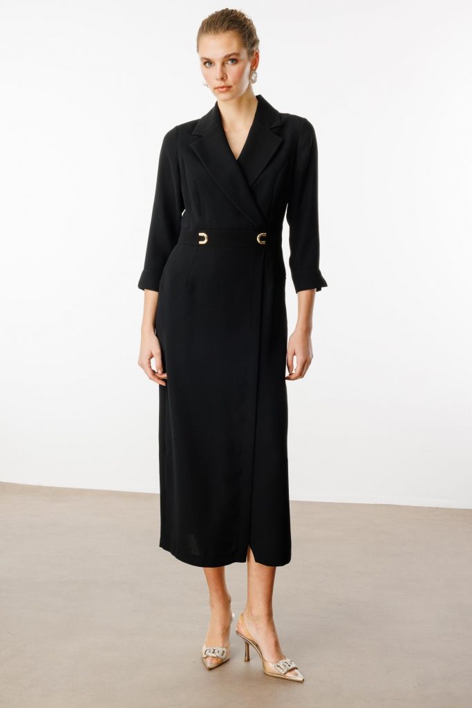 MODAİLGİ Beli Aksesuarlı Cepli Kruvaze Elbise  6626 - Siyah