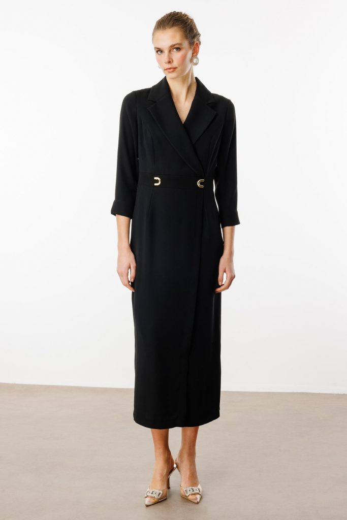 MODAİLGİ Beli Aksesuarlı Cepli Kruvaze Elbise  6626 - Siyah