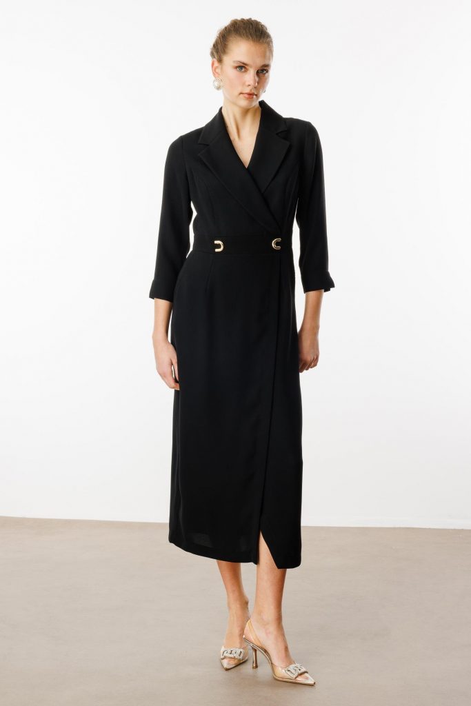 MODAİLGİ Beli Aksesuarlı Cepli Kruvaze Elbise  6626 - Siyah