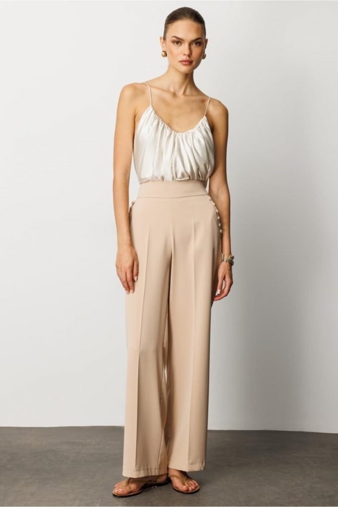 MODAİLGİ Yandan Cepli Düğme Detaylı Bol Paça Pantolon 04104 - TAŞ