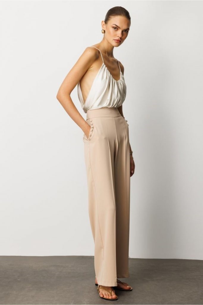 MODAİLGİ Yandan Cepli Düğme Detaylı Bol Paça Pantolon 04104 - TAŞ