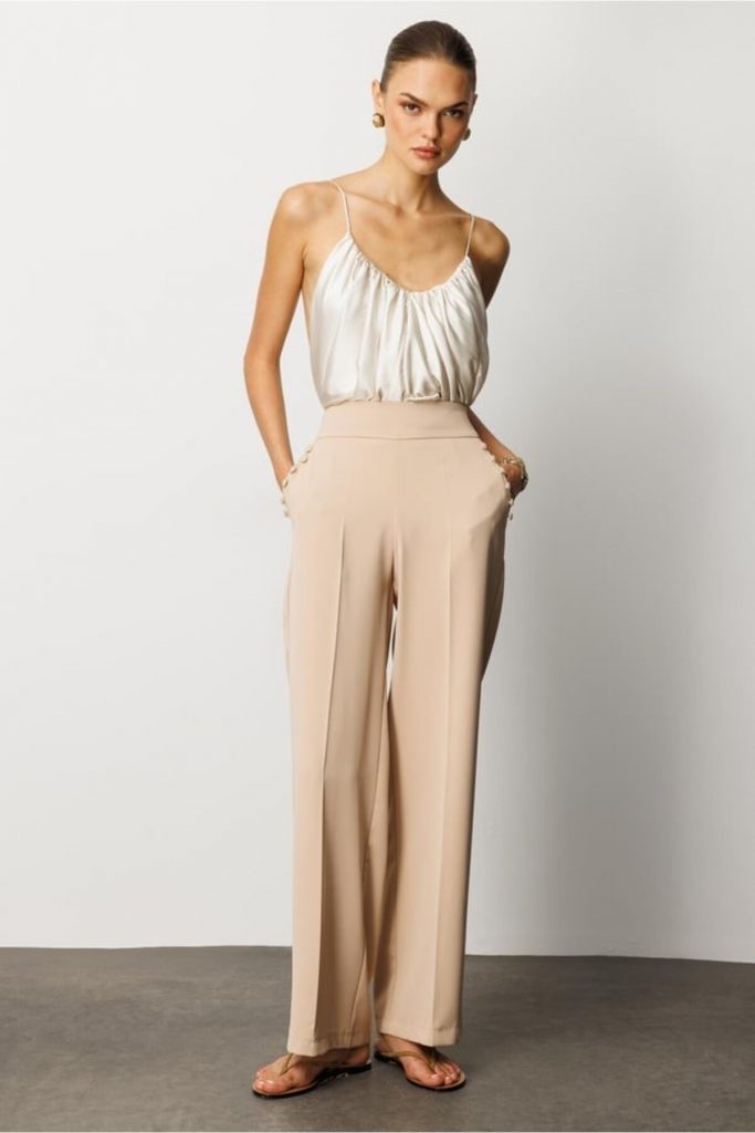 MODAİLGİ Yandan Cepli Düğme Detaylı Bol Paça Pantolon 04104 - TAŞ