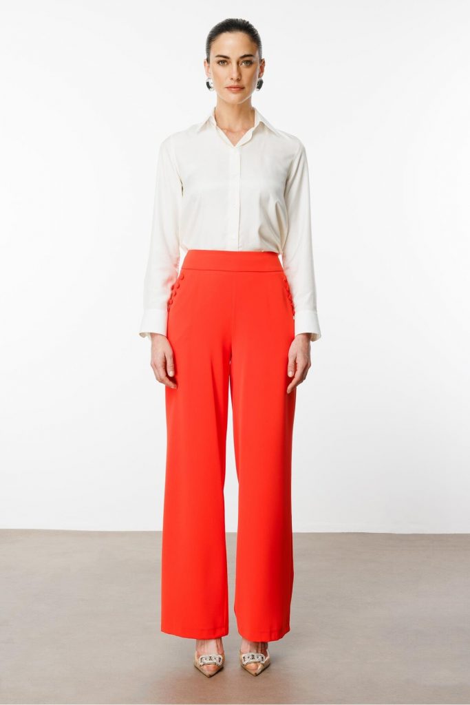 MODAİLGİ Yandan Cepli Düğme Detaylı Bol Paça Pantolon 04104 - mercan