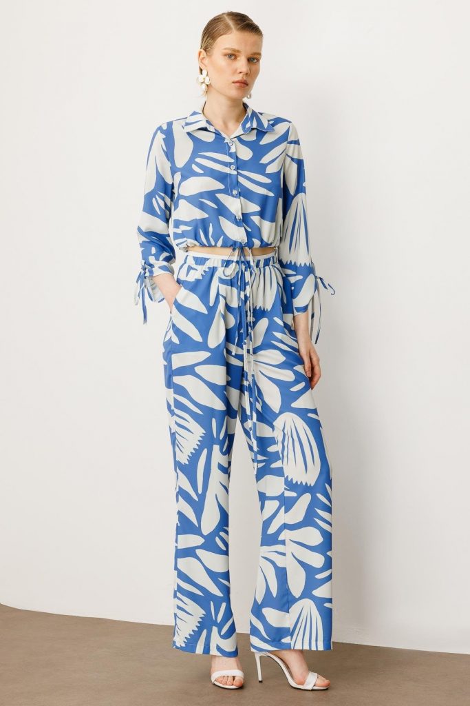 Modailgi Beli Lastikli Şerit Detaylı Bağlamalı Bol Pantolon  40065 - İNDİGO