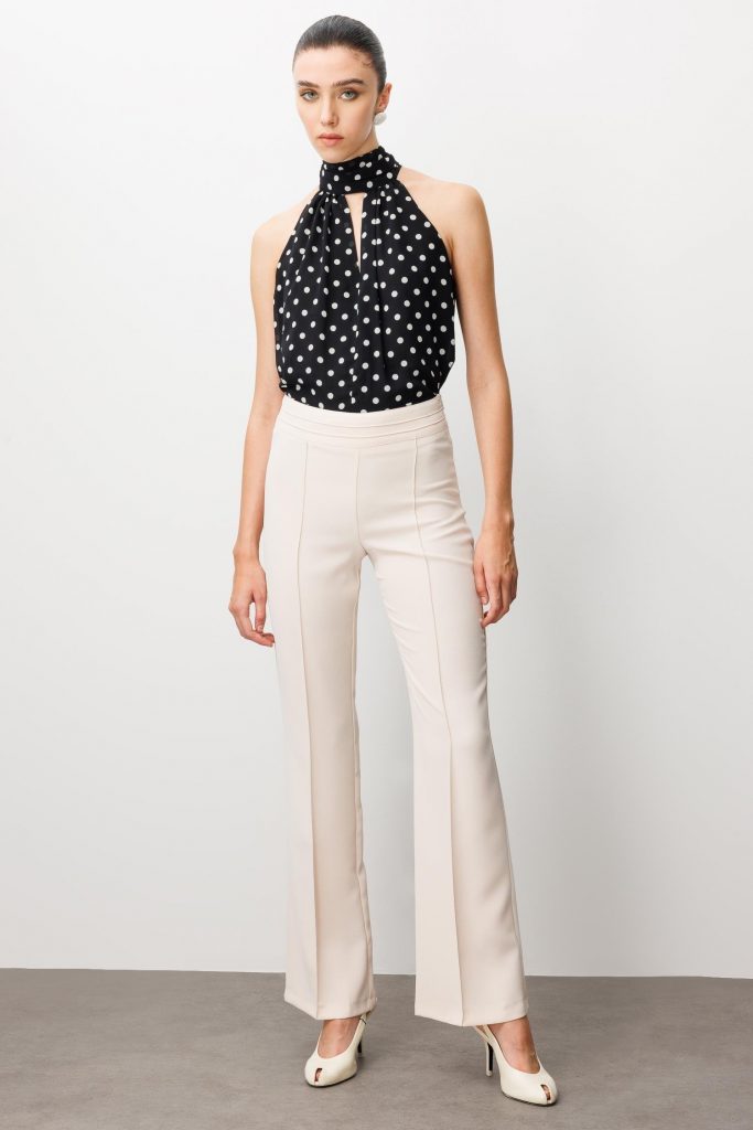 MODAİLGİ Yüksek Bel Nevrüllü İspanyol Paça Pantolon  4042 - TAŞ