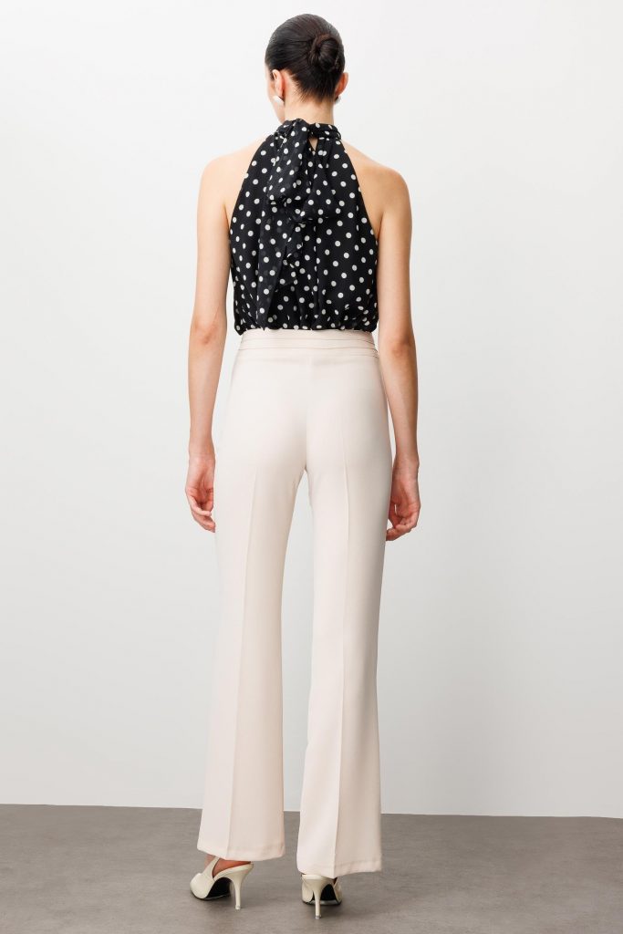 MODAİLGİ Yüksek Bel Nevrüllü İspanyol Paça Pantolon  4042 - TAŞ