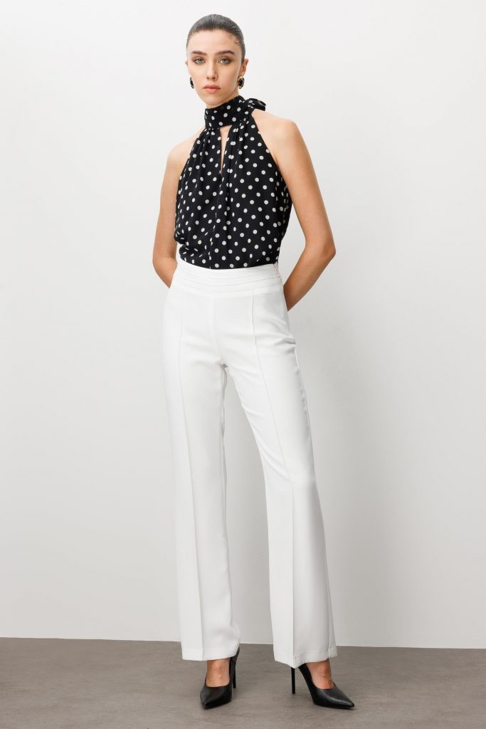 MODAİLGİ Yüksek Bel Nevrüllü İspanyol Paça Pantolon  4042 - EKRU