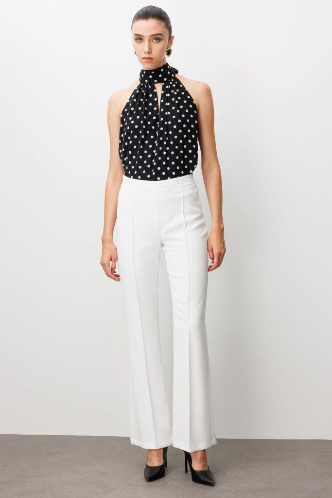 MODAİLGİ Yüksek Bel Nevrüllü İspanyol Paça Pantolon  4042 - EKRU