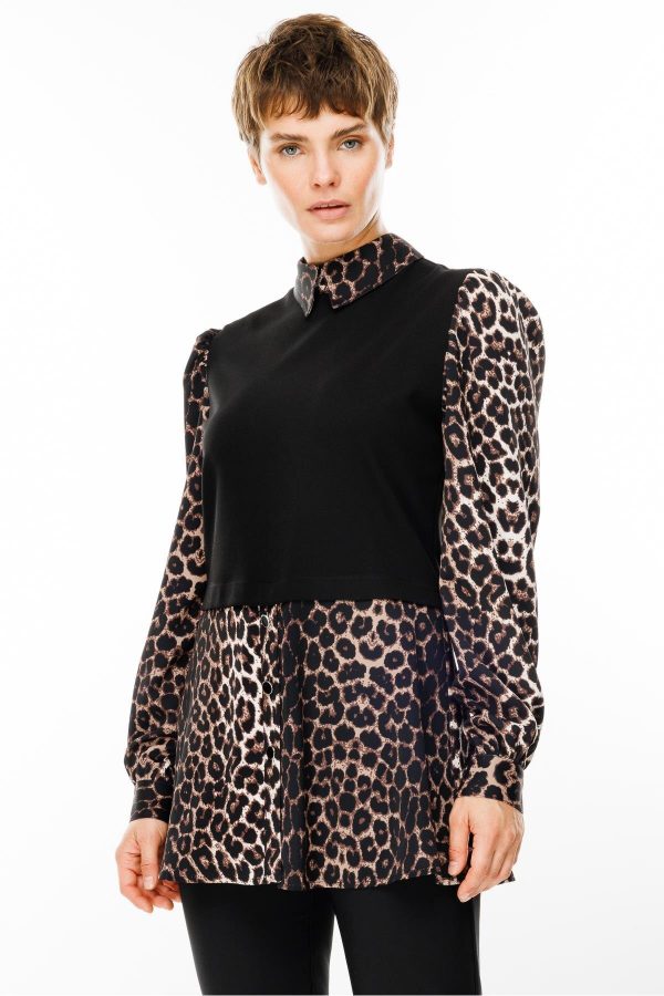 MODAİLGİ Triko Kumaş Garnili Leopar Desen Gömlek Tunik 1542