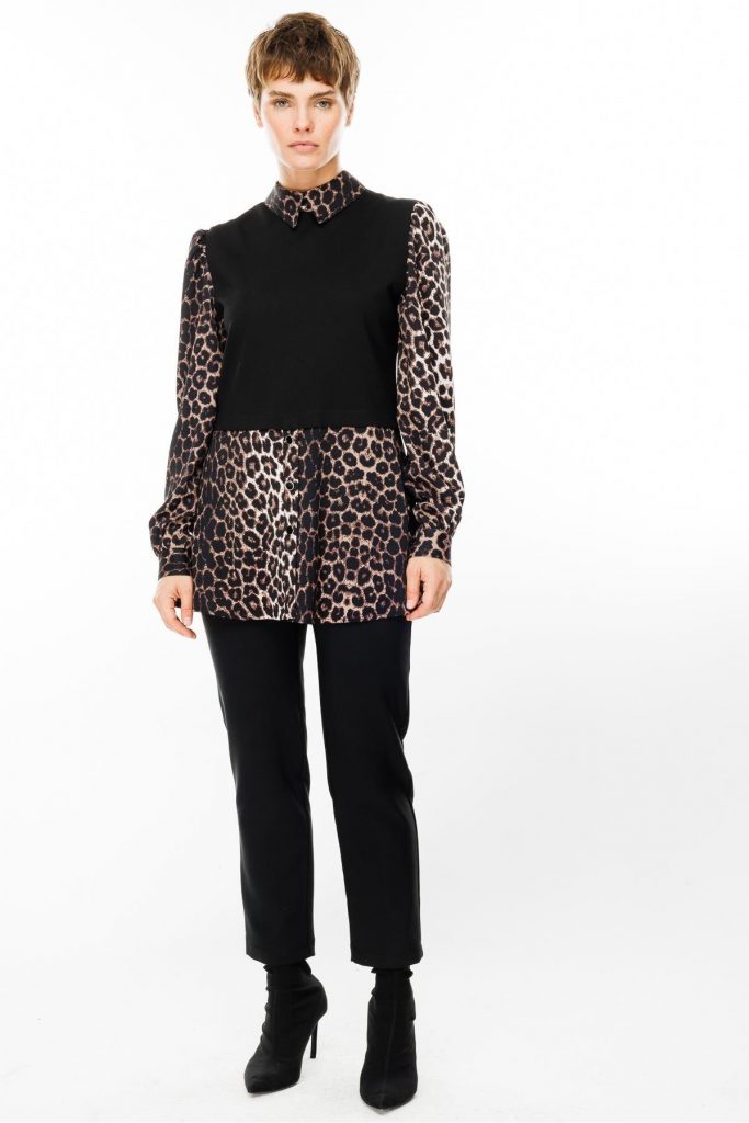 MODAİLGİ Triko Kumaş Garnili Leopar Desen Gömlek Tunik 1542 - Siyah