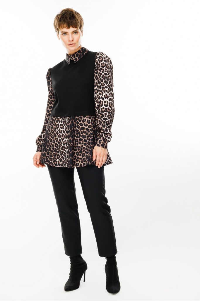 MODAİLGİ Triko Kumaş Garnili Leopar Desen Gömlek Tunik 1542 - Siyah