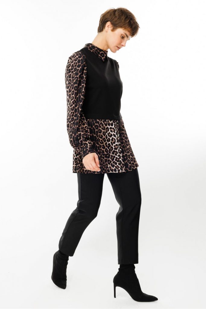 MODAİLGİ Triko Kumaş Garnili Leopar Desen Gömlek Tunik 1542 - Siyah