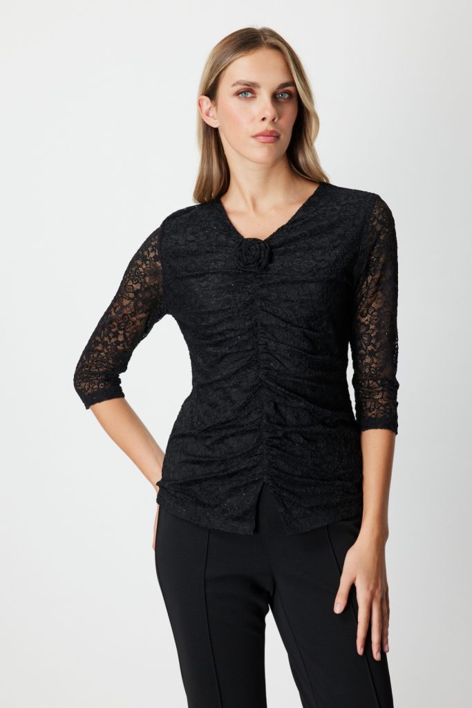 ON TRİKO Gül Detaylı Dantelli Bluz 60364 - Siyah
