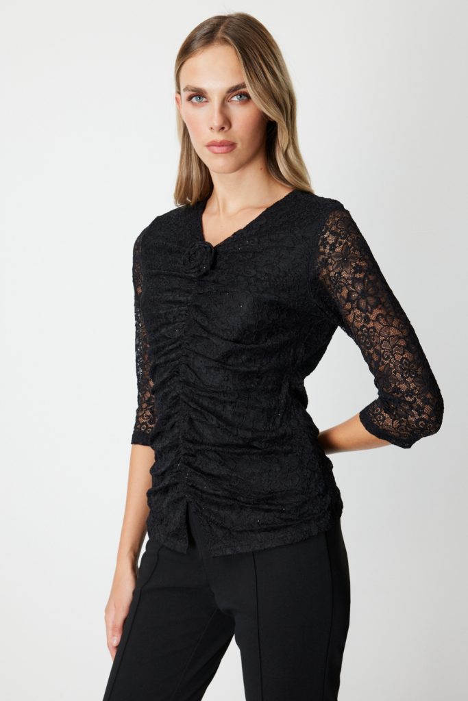ON TRİKO Gül Detaylı Dantelli Bluz 60364 - Siyah