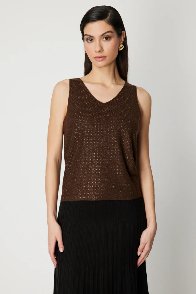 ON TRİKO Taşlı V Yaka Triko Bluz 60437 - kahve