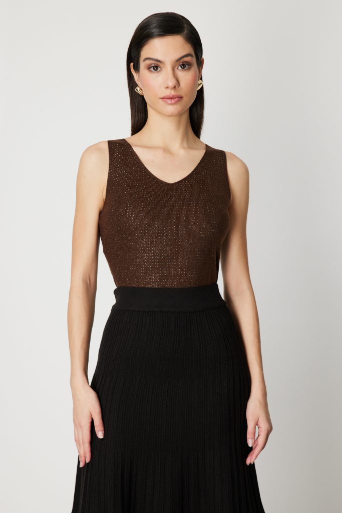 ON TRİKO Taşlı V Yaka Triko Bluz 60437 - kahve