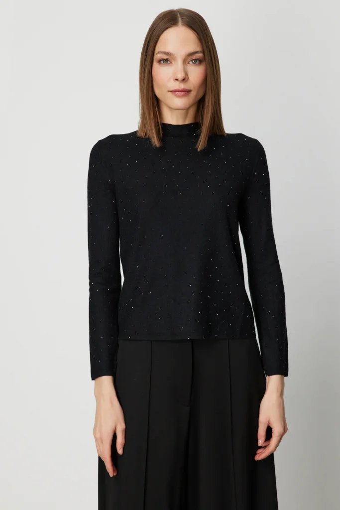 ON TRİKO Dik Yaka Taş Detaylı Bluz 60438 - Siyah