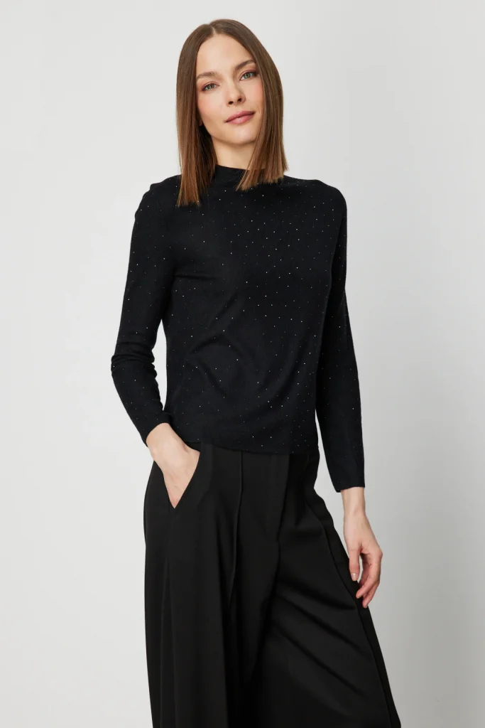 ON TRİKO Dik Yaka Taş Detaylı Bluz 60438 - Siyah