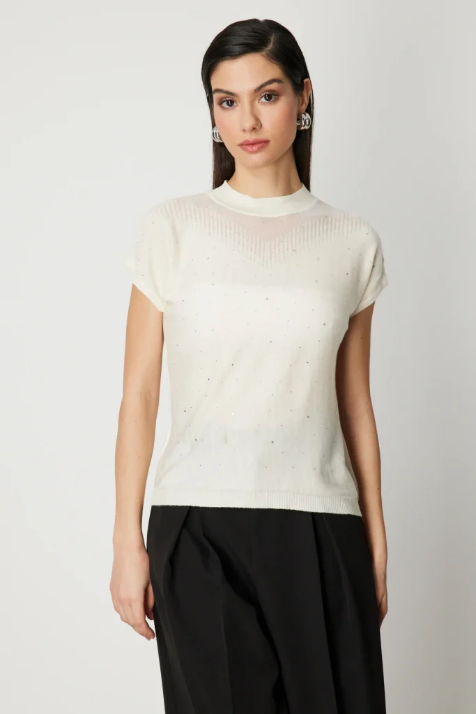 ON TRİKO Transparan Detaylı Taşlı Bluz 60439 - EKRU