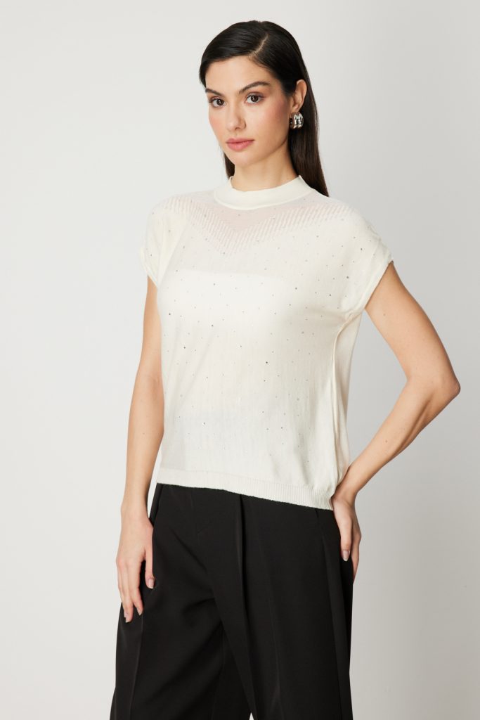 ON TRİKO Transparan Detaylı Taşlı Bluz 60439 - EKRU