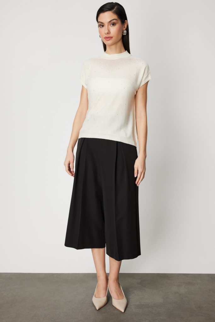 ON TRİKO Transparan Detaylı Taşlı Bluz 60439 - EKRU