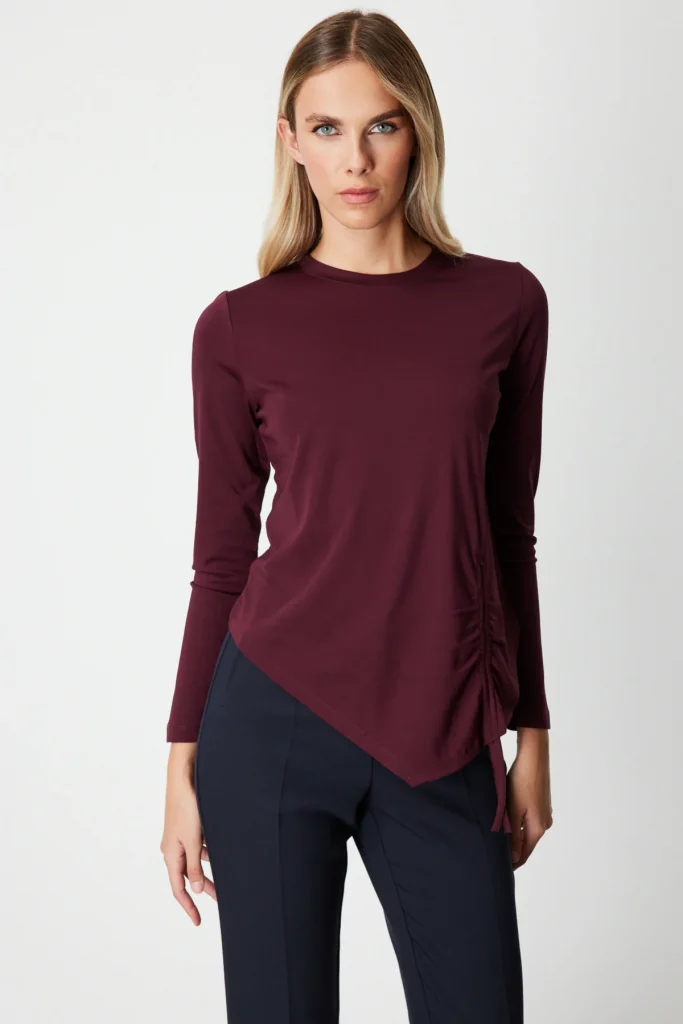 ON TRİKO Asimetrik Kesim Büzgü Detaylı Bluz 61376 - bordo