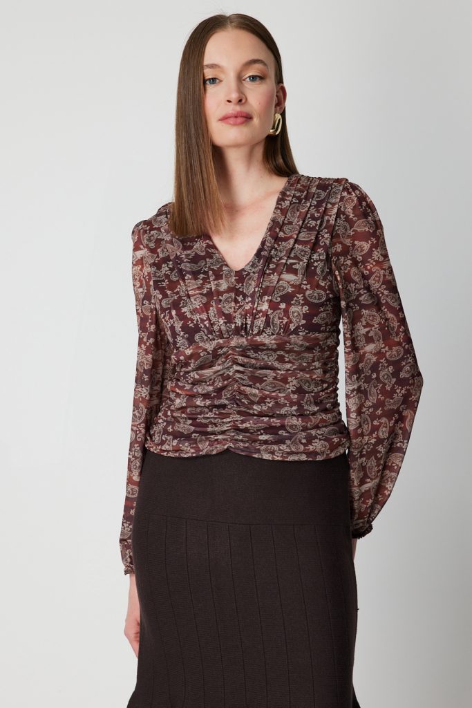 ON TRİKO V Yaka Desenli Şifon Bluz 62302