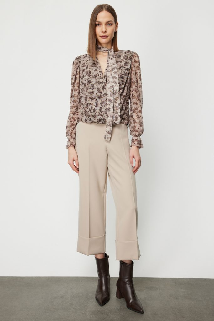 ON TRİKO Yakası Fularlı Leopar Desenli Bluz 62310 - BEJ