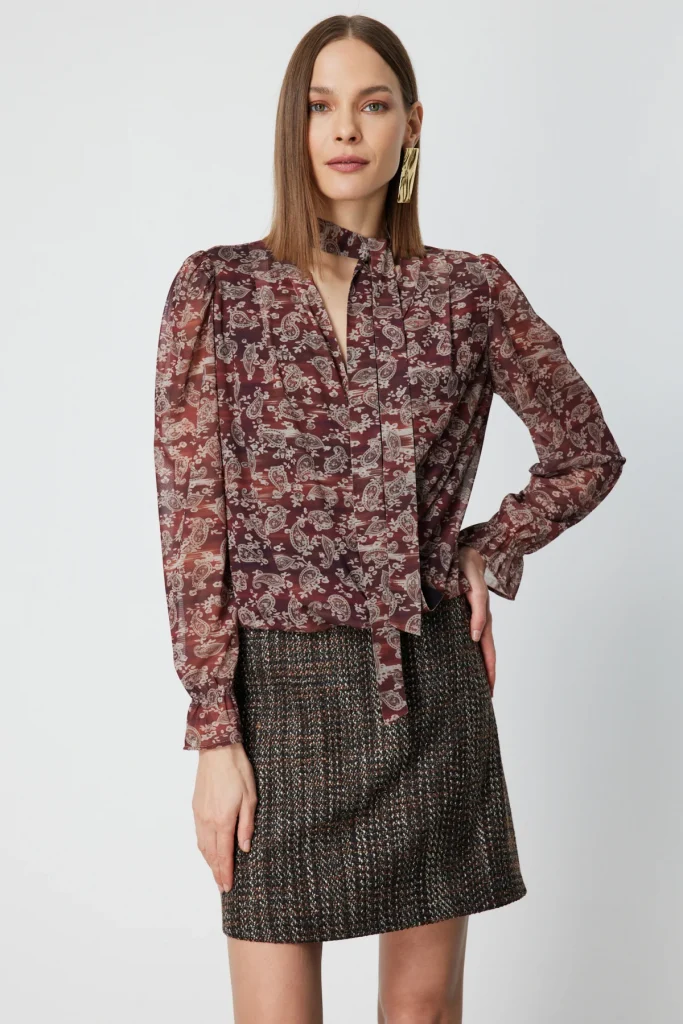 ON TRİKO Yakası Fularlı Leopar Desenli Bluz 62310 - kahve