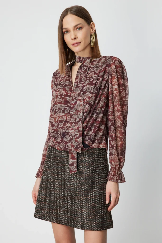 ON TRİKO Yakası Fularlı Leopar Desenli Bluz 62310 - kahve