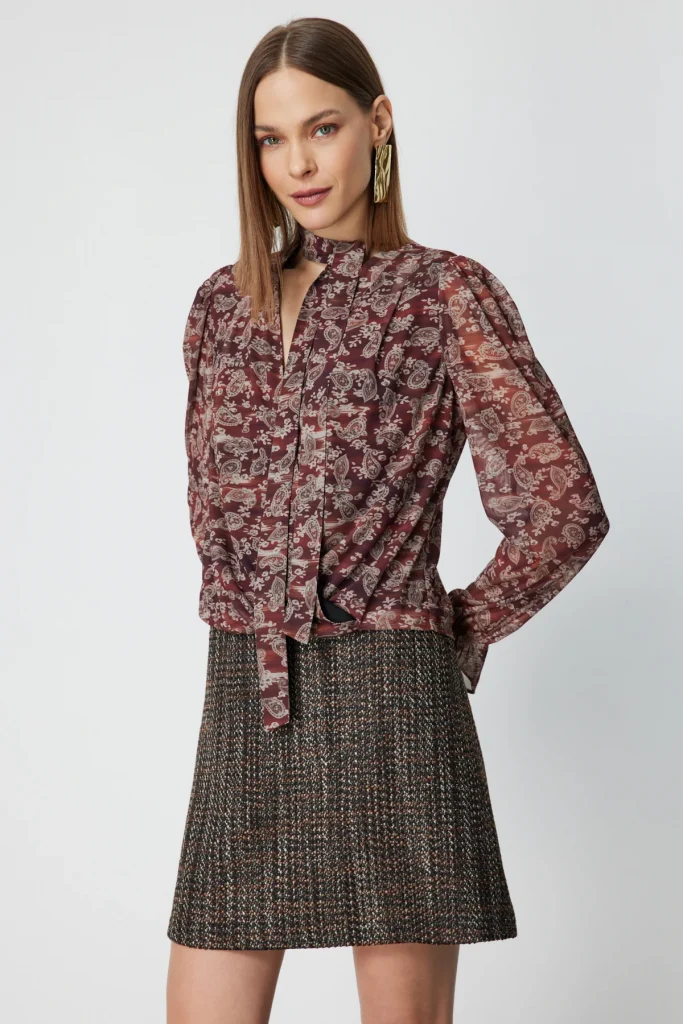 ON TRİKO Yakası Fularlı Leopar Desenli Bluz 62310 - kahve