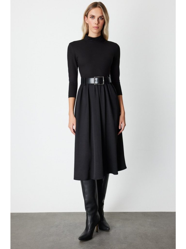 ON TRİKO Kadın Beli Kemerli Mix Kumaş Midi Elbise 64410 - Siyah