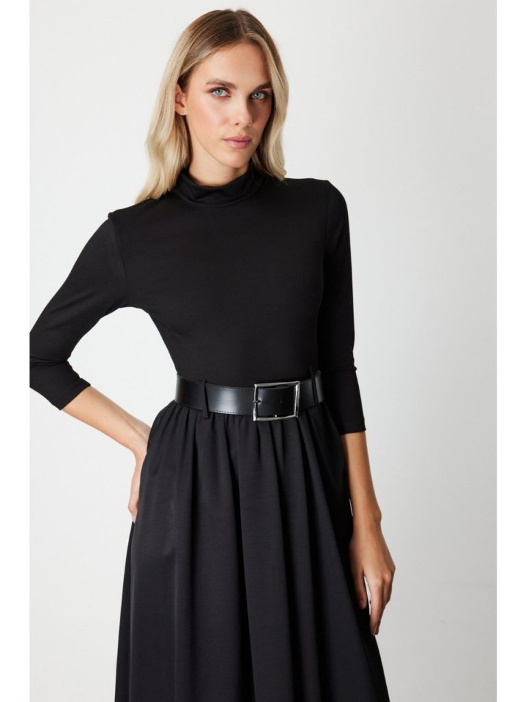ON TRİKO Kadın Beli Kemerli Mix Kumaş Midi Elbise 64410 - Siyah