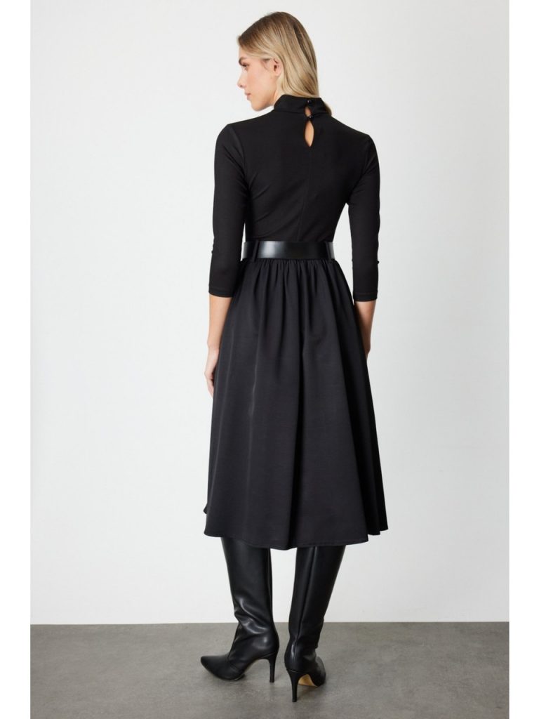 ON TRİKO Kadın Beli Kemerli Mix Kumaş Midi Elbise 64410