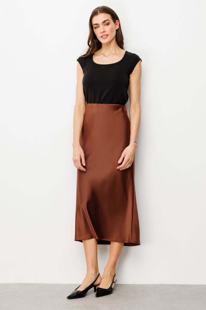 ON TRİKO Beli Lastikli Saten Etek  54212 - kahve