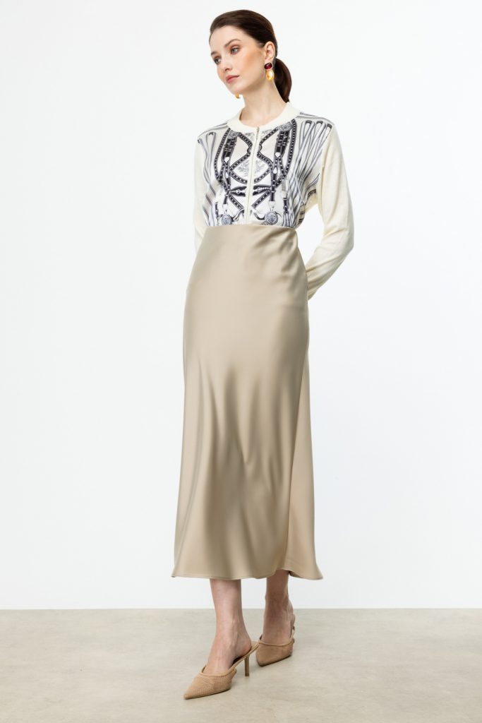 ON TRİKO Beli Lastikli Saten Etek  54212 - TAŞ