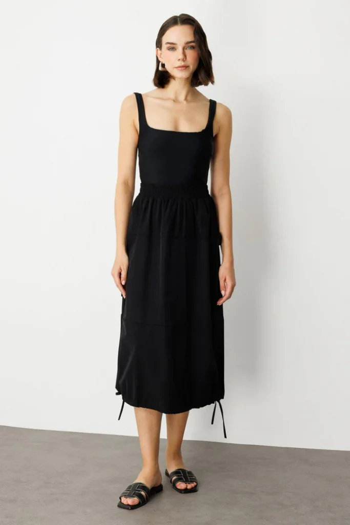 ON TRİKO Yanları Bağcıklı Beli Lastikli Etek 56208 - Siyah