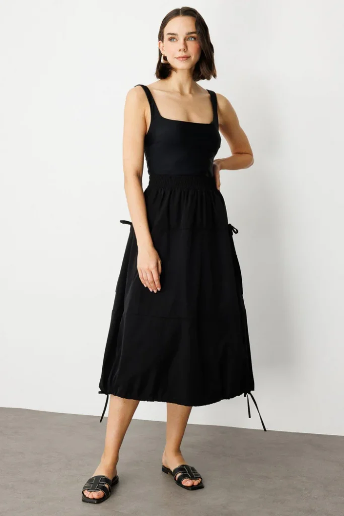 ON TRİKO Yanları Bağcıklı Beli Lastikli Etek 56208 - Siyah