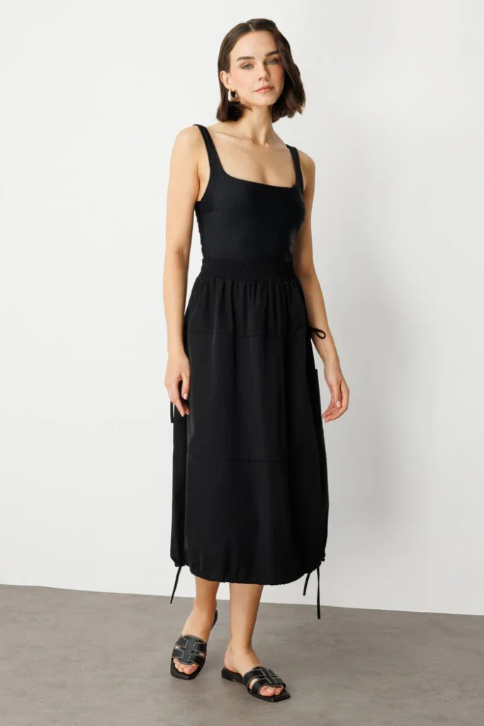 ON TRİKO Yanları Bağcıklı Beli Lastikli Etek 56208 - Siyah