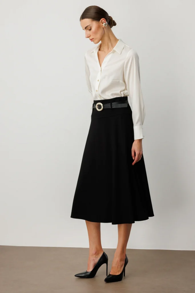 ON TRİKO Kemerli Midi Boy Etek 64219 - Siyah