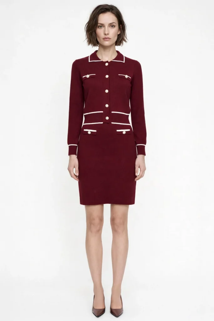 ON TRİKO Süs Düğmeli Diz Üstü Triko Etek 69915 - bordo